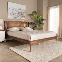 Baxton Studio MG0069-Rattan/Walnut-Queen Jamila Modern Transitional Walnut Brown Finished Wood and Synthetic Rattan Queen Size Platform Bed 